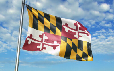 Maryland state of United States flag on flagpole waving cloudy sky background realistic 3d illustration